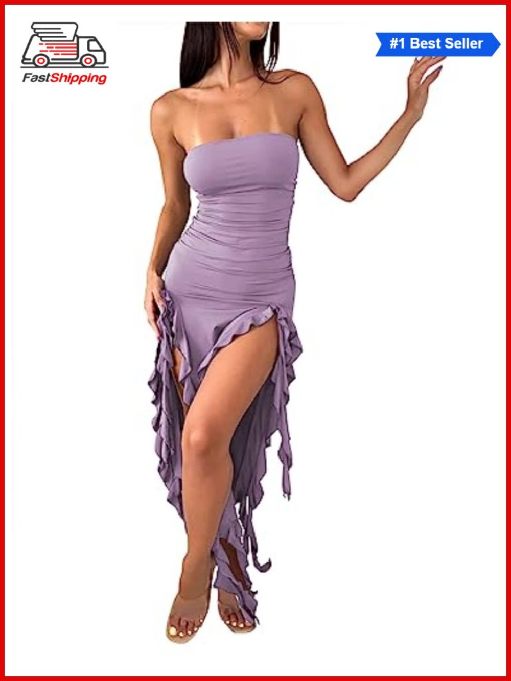 ✨Balimtoy Strapless Ruffle Bodycon Maxi Dress Ruched Split Thigh Party Long